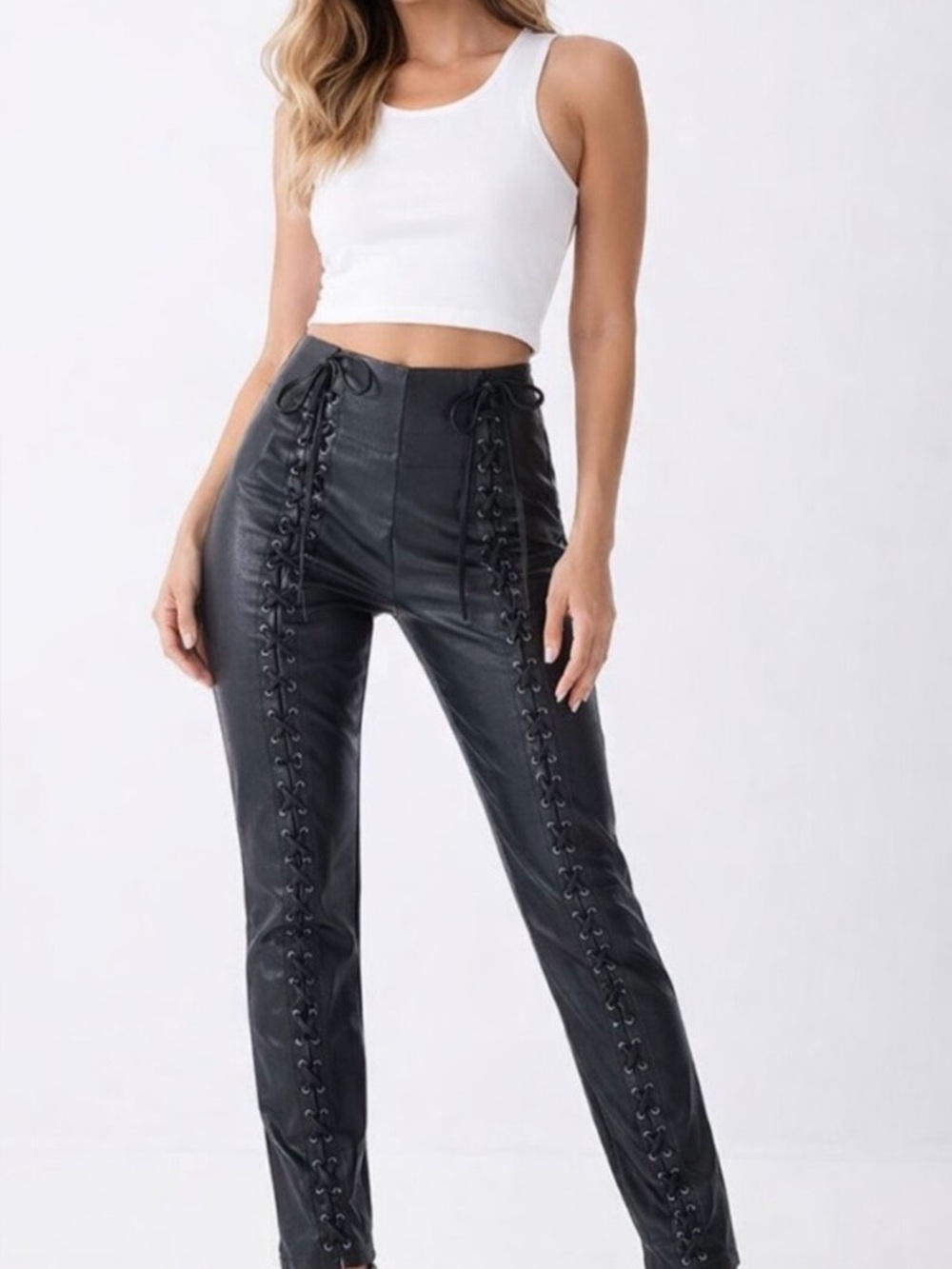 emory park Black Lace-Up Faux Leather Skinny Pants